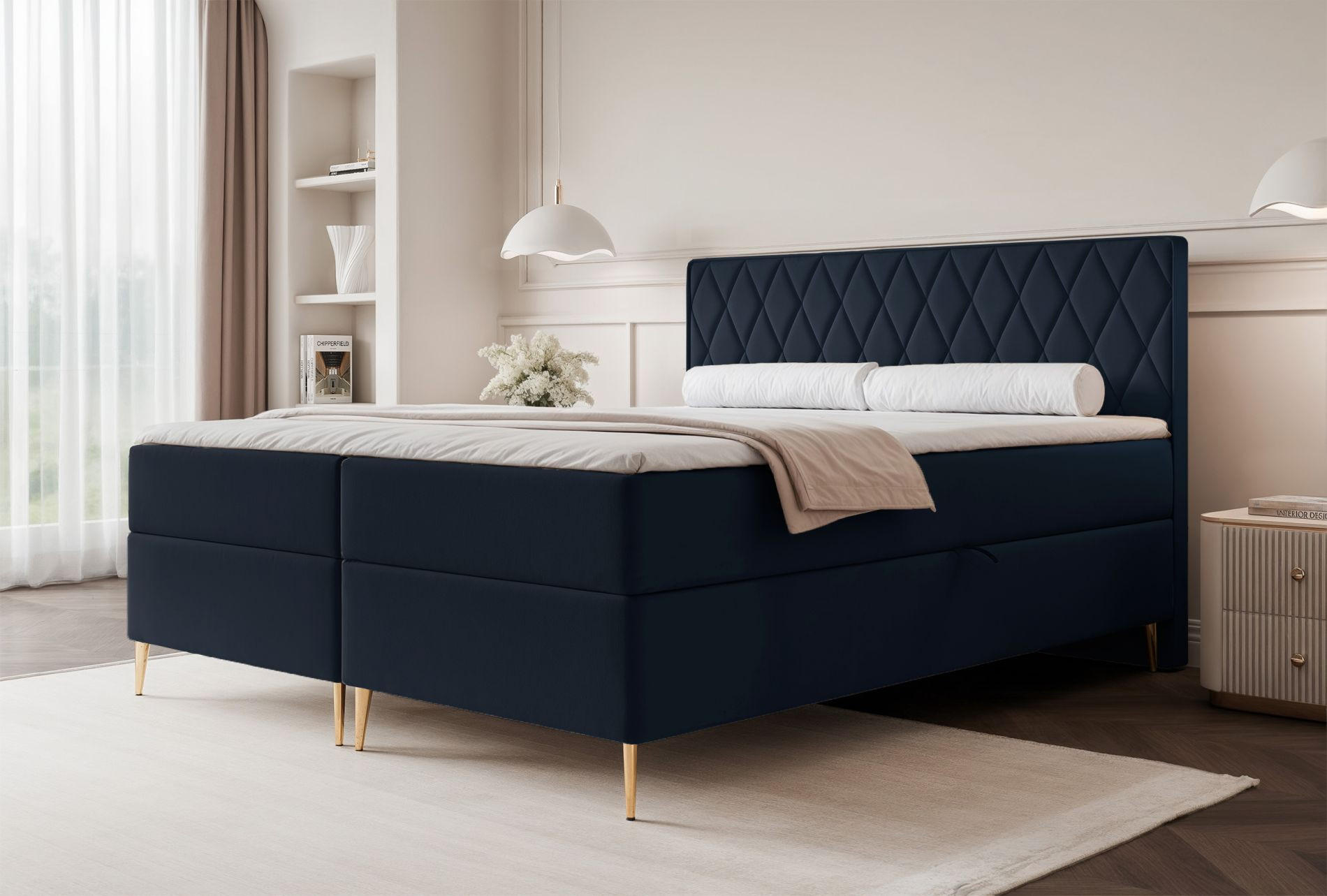 BOXBETT Caresso Dunkelblau, Velours, 160x200 cm - Goldfarben/Dunkelblau, Textil/Metall (160/200cm) - Selsey