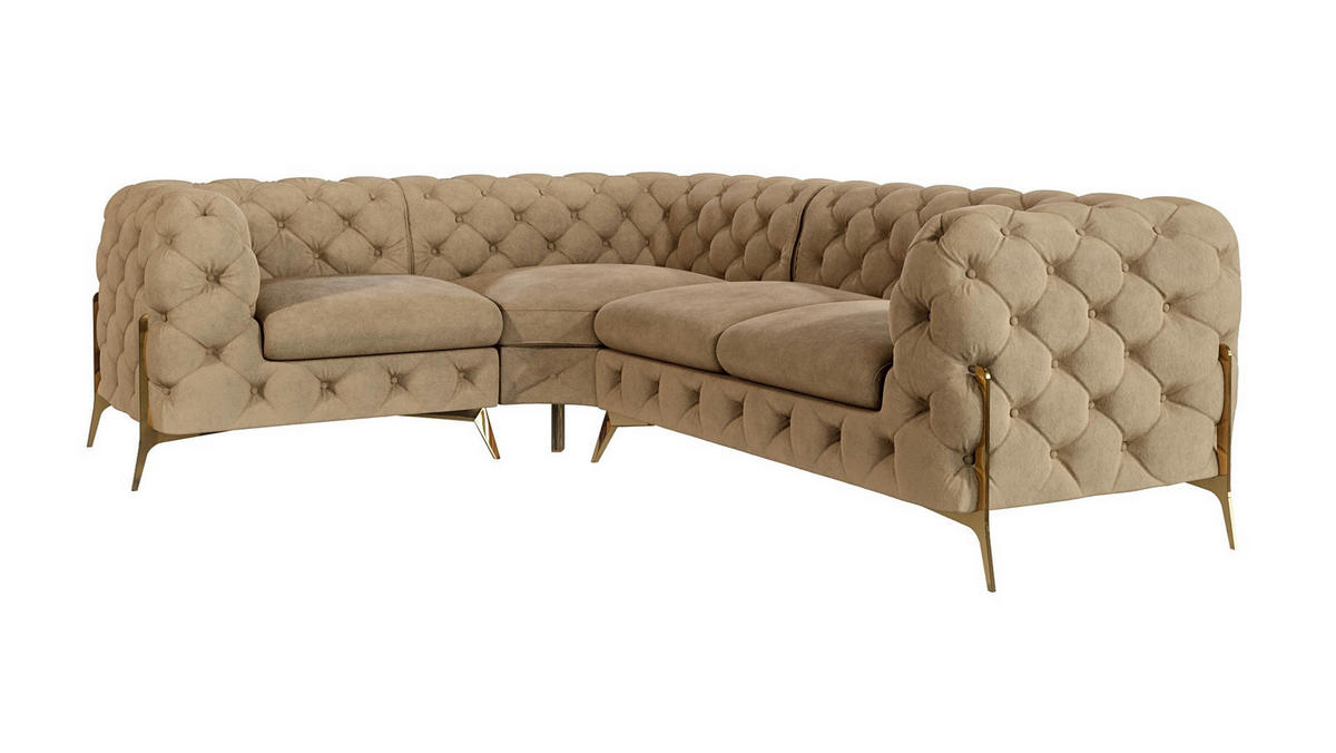 ECKSOFA Chesterfield Lexi Beige Samt, Ottomane links - Beige/Goldfarben, Holz/Textil (264/204cm) - S-Style Möbel