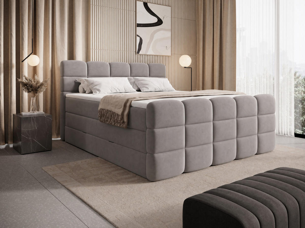 BOXSPRINGBETT Carenzo 2 Hellgrau 160/200 cm H2/H3 mit premium Topper - Hellgrau, Textil (160/200cm) - wonello