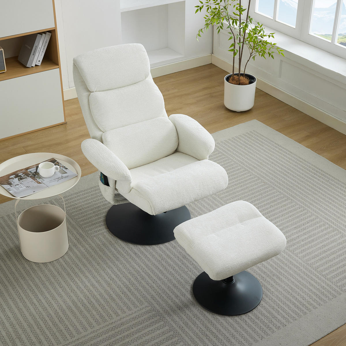 RELAXSESSEL Chenille Weiß mit Massagefunktion, Heizfunktion und Hocker - Weiß, Textil/Metall (50/94/98cm) - WISHDOR