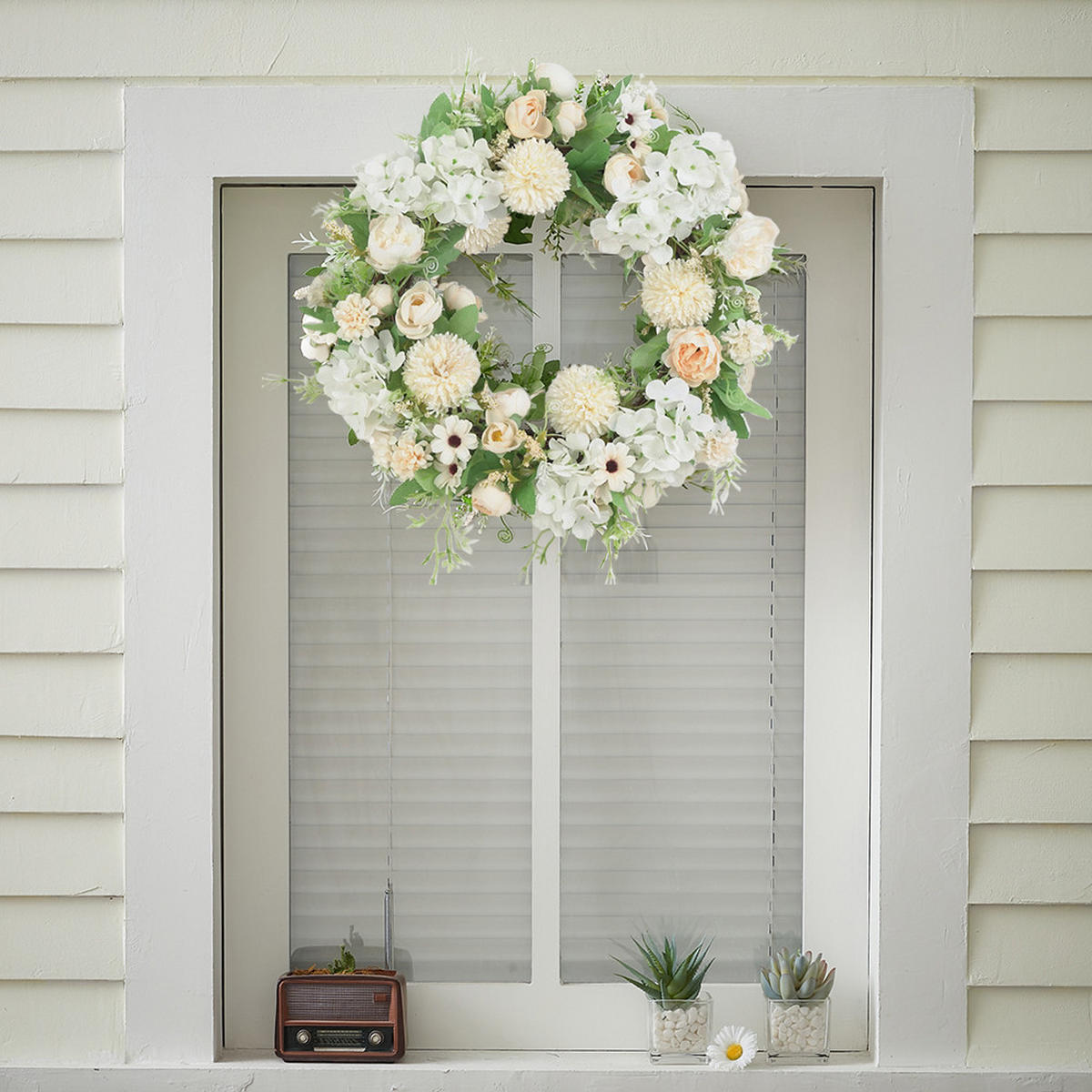 KUNSTBLUME Pfingstrosen und Mischblumen Künstlicher Frühlingskranz für Hochzeit und Dekoration - Weiß, Kunststoff (20cm) - Livingandhome