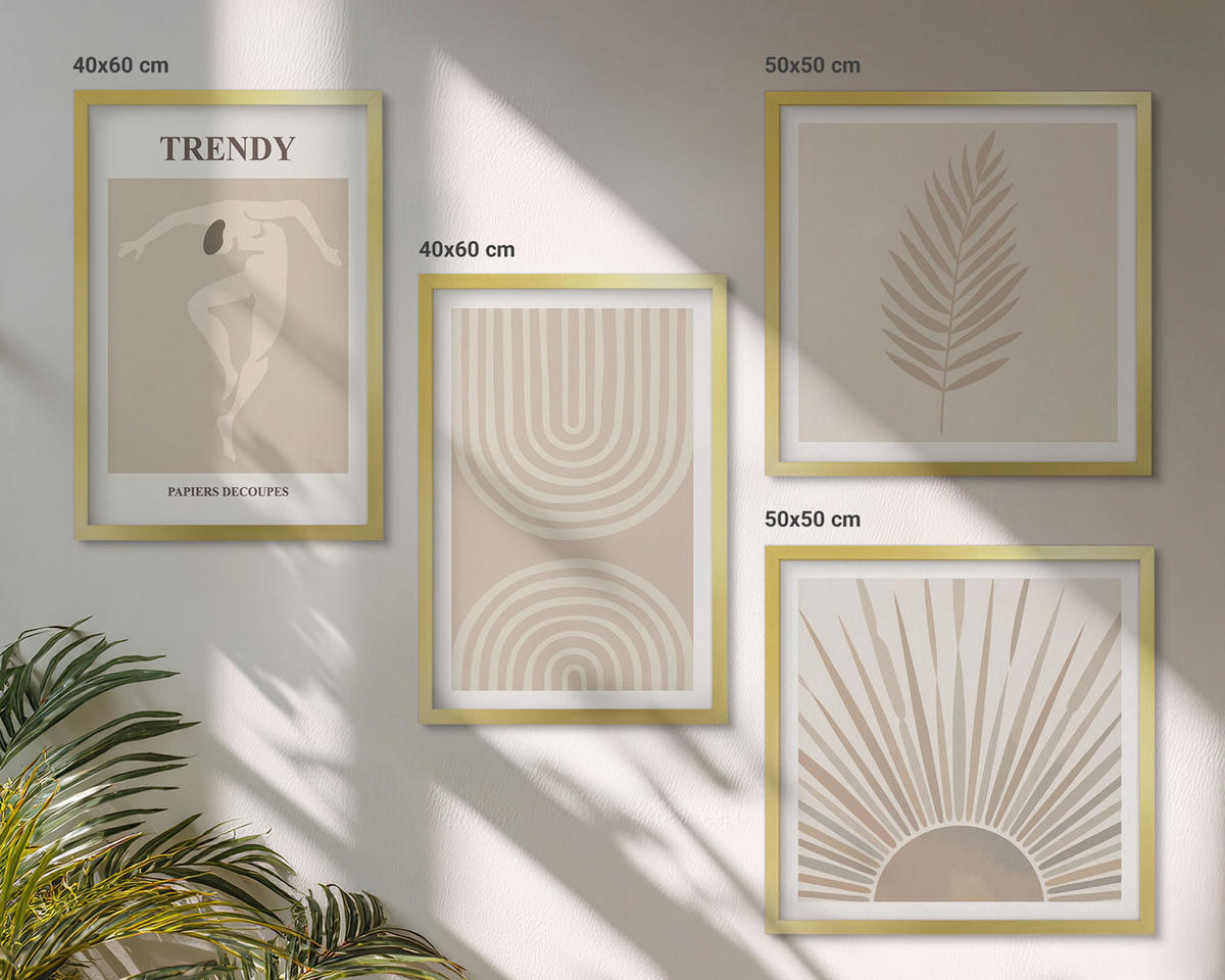 BILDER SET 4er Set - 50x50 cm & 40x60 cm Goldrahmen - Abstrakte Poster im Boho-Stil in Pastellfarben - Goldfarben, Kunststoff (50/50cm) - TULUP