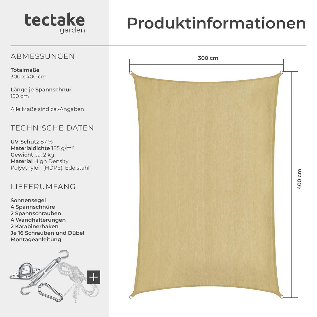 SONNENSEGEL Sunny,umfangreiches Montagematerial,Sand - Sandfarben, Kunststoff (400/300cm) - tectake