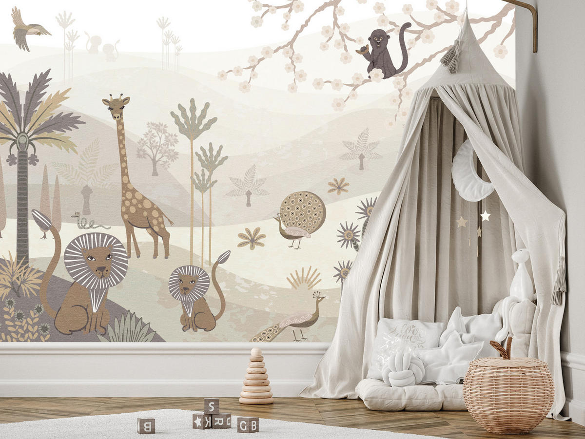 FOTOTAPETE für Kinderzimmer Safari Wilde Tiere Dschungel Boho Palmen Giraffe 500x350 - Beige/Creme, Papier (500/350cm) - Muralo