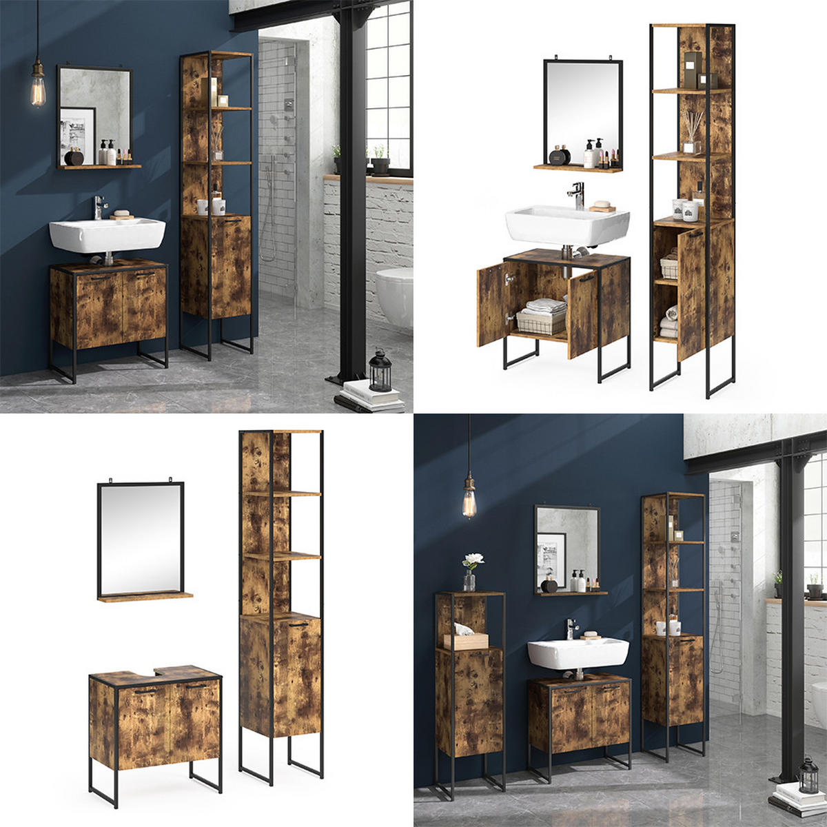 BADMÖBEL-SET Fyrk Antikholz 3 Teile, mit Hochschrank - Eichefarben/Schwarz, Holzwerkstoff (60/60/33cm) - Vicco