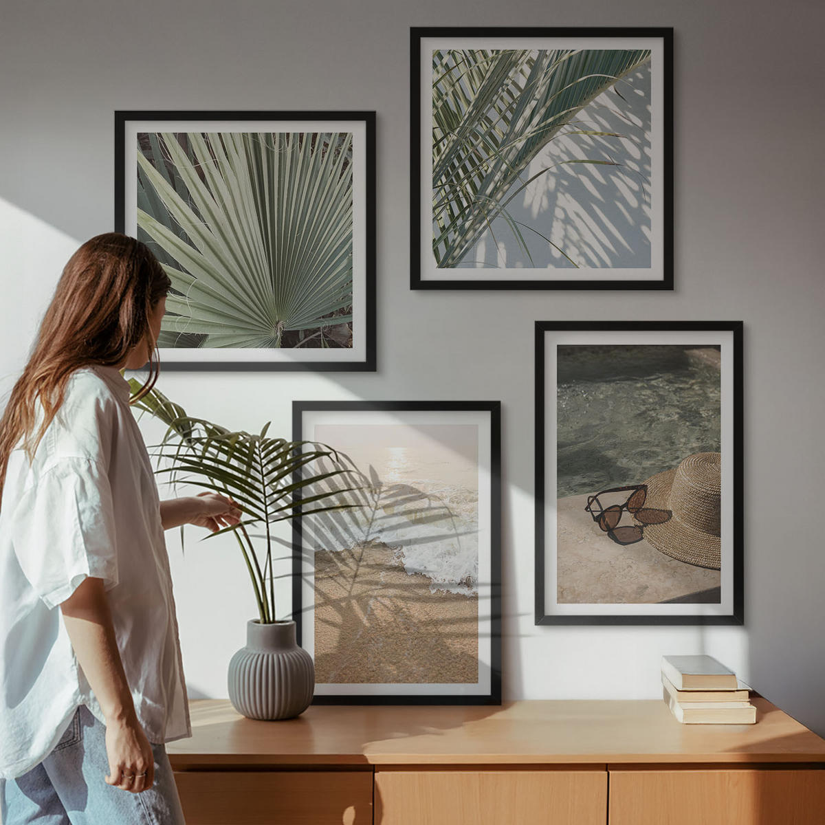 BILDER SET 4er Set - 50x50 cm & 40x60 cm Schwarzer Rahmen - Strandhut und Sonnenbrille - Schwarz, Kunststoff (50/50cm) - TULUP