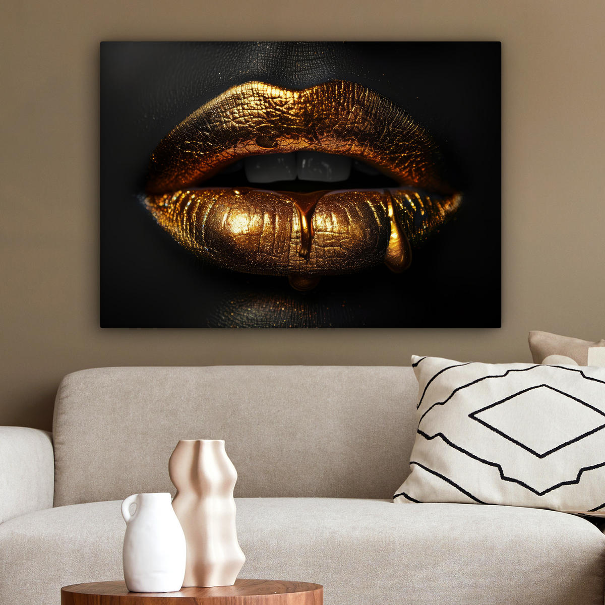 LEINWANDBILD Frau - Porträt - Lippen - Gold - Schwarz Wandbilder 80x60 cm - Schwarz, Textil (80/60cm) - MuchoWow