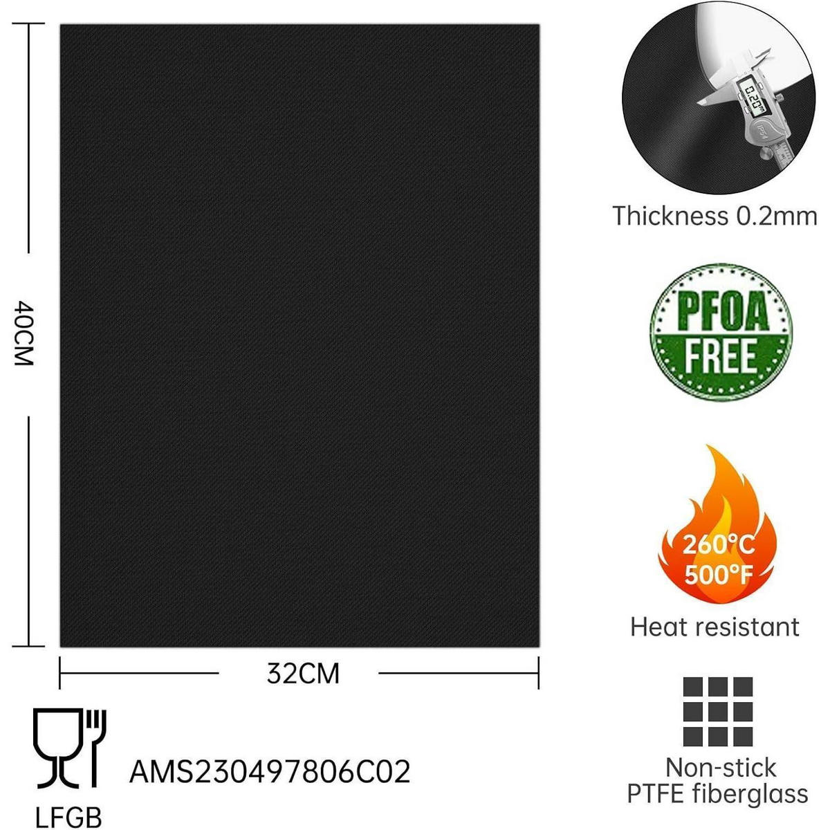 GRILLMATTE 5er Set 40 x 32 cm Antihaft Wiederverwendbar - Schwarz, Kunststoff (3.3/0.5/4cm)
