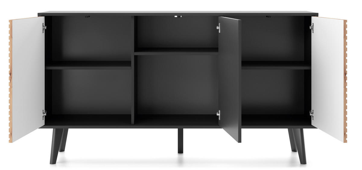 KOMMODE WILLOW K-154 – 154 cm, Metallfüße, Push-to-Open, Eiche Artisan - Schwarz/Braun, Holzwerkstoff/Kunststoff (154/83/39cm) - DomoHome