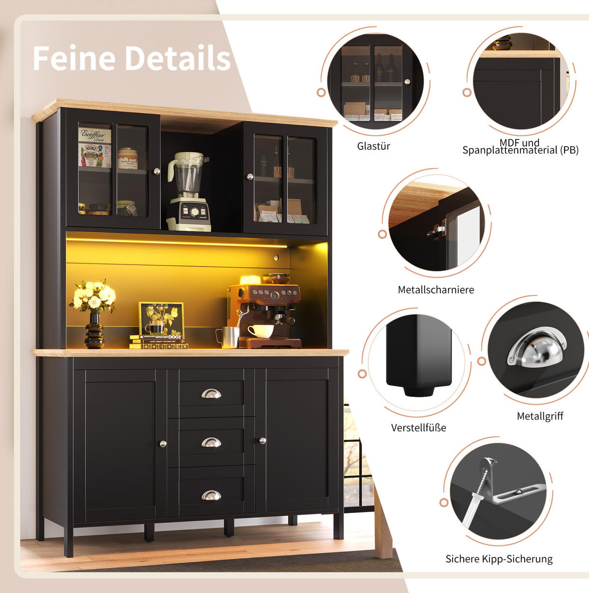 BUFFET 120/40/179 cm schwarz aus MDF/Metall mit LED - Schwarz, Holzwerkstoff (120/179/40cm) - OKWISH