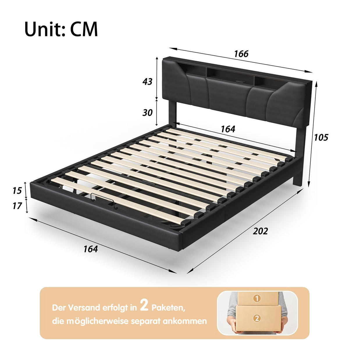 BETT 160x200 cm mit LED und USB, Doppelbett 160x200 cm mit Bettkasten, schwebendes Design, Schwarz PU - Schwarz, Leder/Metall (160/200cm) - GENKI LIVING