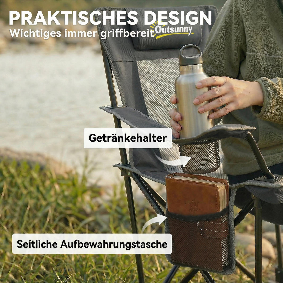 CAMPINGSTUHL mit Fußablage 2er Set Edelstahl, 600D Oxford-Gewebe Dunkelgrau - Dunkelgrau/Schwarz, Metall (80/100/125cm) - Outsunny