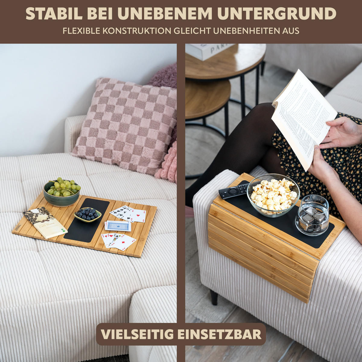 ARMLEHNEN-SOFATABLETT mit rutschfester Silikonablage, Bambus - Naturfarben, Naturmaterialien (47/1/34cm) - eluno