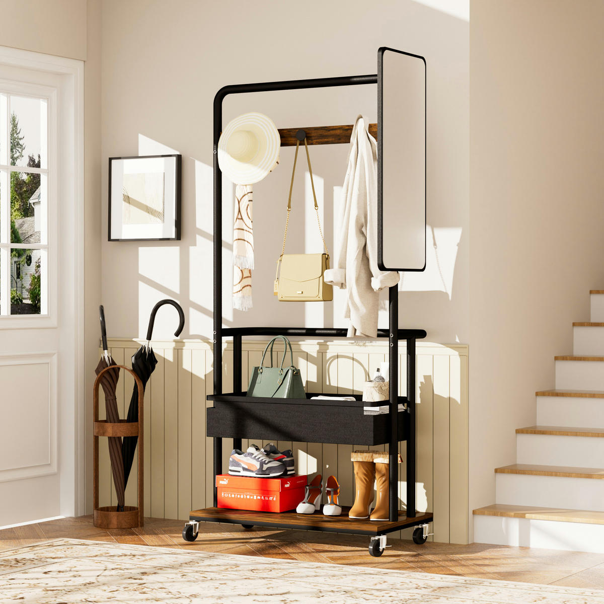 STANDGARDEROBE 70/40/170 cm mit Spiegel, Kleiderstange und Rollen - Schwarz, Holzwerkstoff (70/170/40cm) - BEAOK