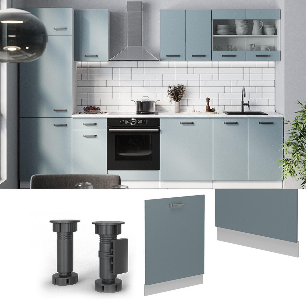ČELNÍ PANEL MYČKY R-Line Modrošedá 60 cm , PD Dub - bílá/šedohnědá, kompozitní dřevo (60/81.8/1.6cm) - Vicco