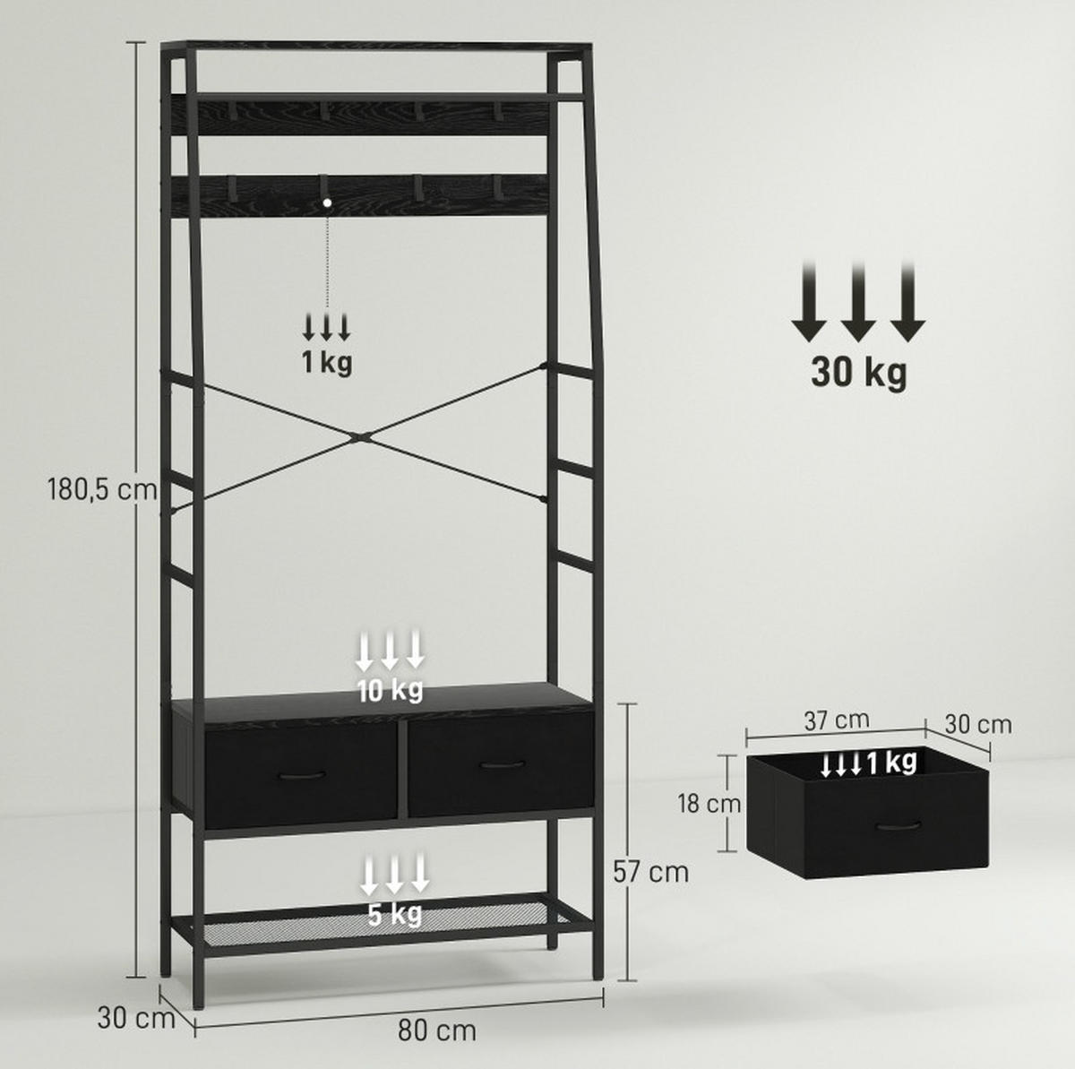GARDEROBENSTÄNDER 80/30/180,5 cm mit Schuhablage, 2 Stoffschubladen, 8 Haken und Kleiderstange, Holz/Metall, Schwarz - Schwarz, Holzwerkstoff (80/180.5/30cm) - Redom