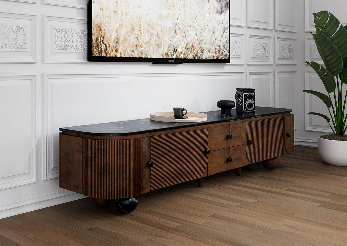 TV-BOARD Mango 220x40x50 dunkelbraun lackiert / Marmor schwarz FLORENZ #202 - Dunkelbraun, Holz (220/50/40cm) - Massivmoebel24