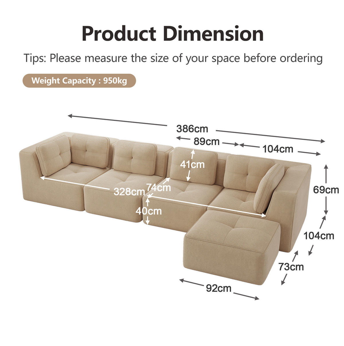 MODULARES Ecksofa aus Cord mit tiefer Sitzfläche Beige - Beige, Textil (177/386cm) - Modenvie