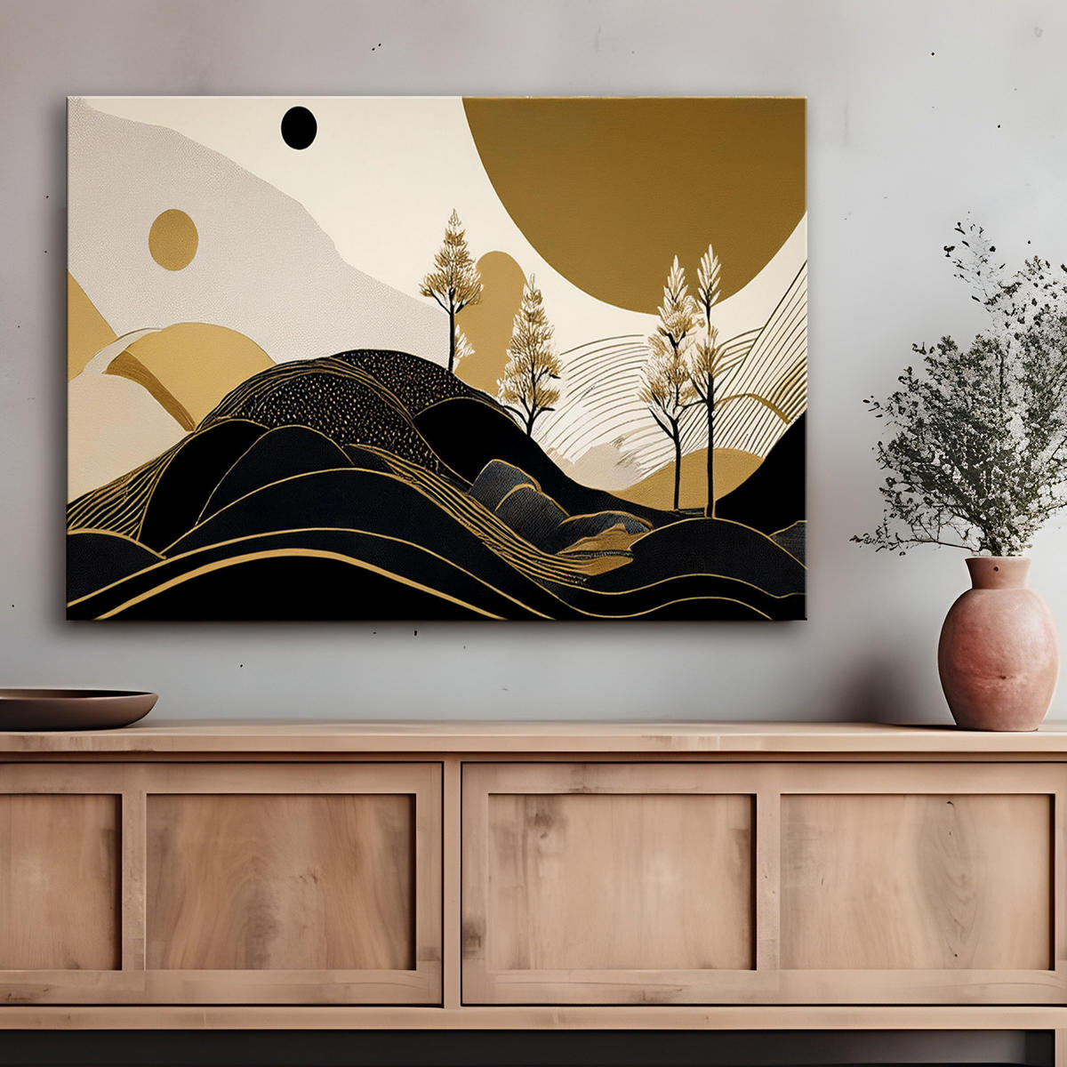 WANDBILD landschaft abstrakter glamour golden - Schwarz, Textil (60/40cm) - Feeby