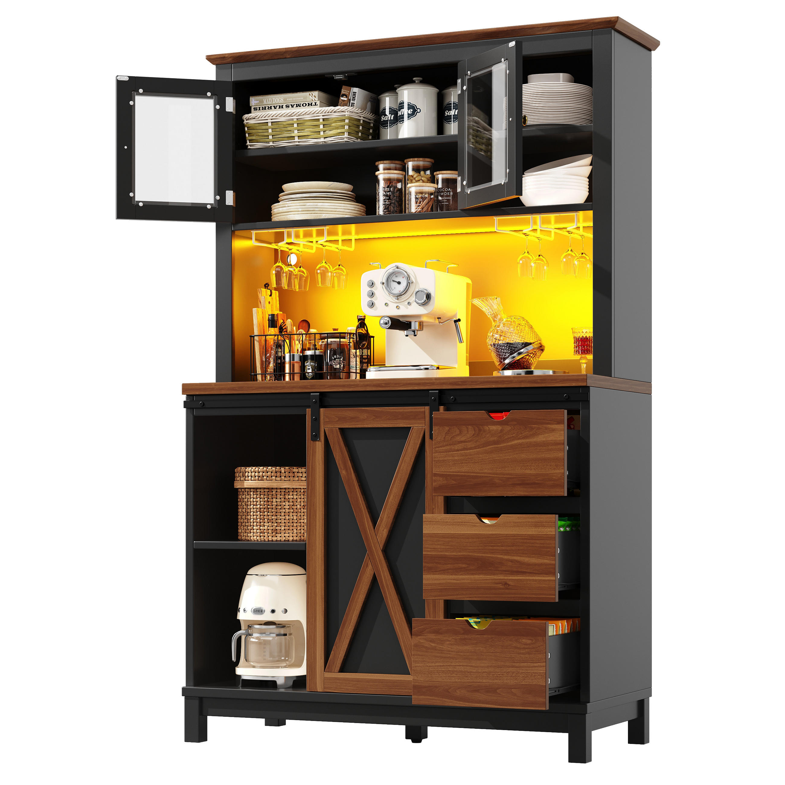 HIGHBOARD in Schwarz Küchenschrank mit LED-Beleuchtung und Schubladen für Küche und Wohnzimmer, B104/T40/H180 cm - Schwarz, Glas/Holzwerkstoff (104/180/40cm) - STILVORA