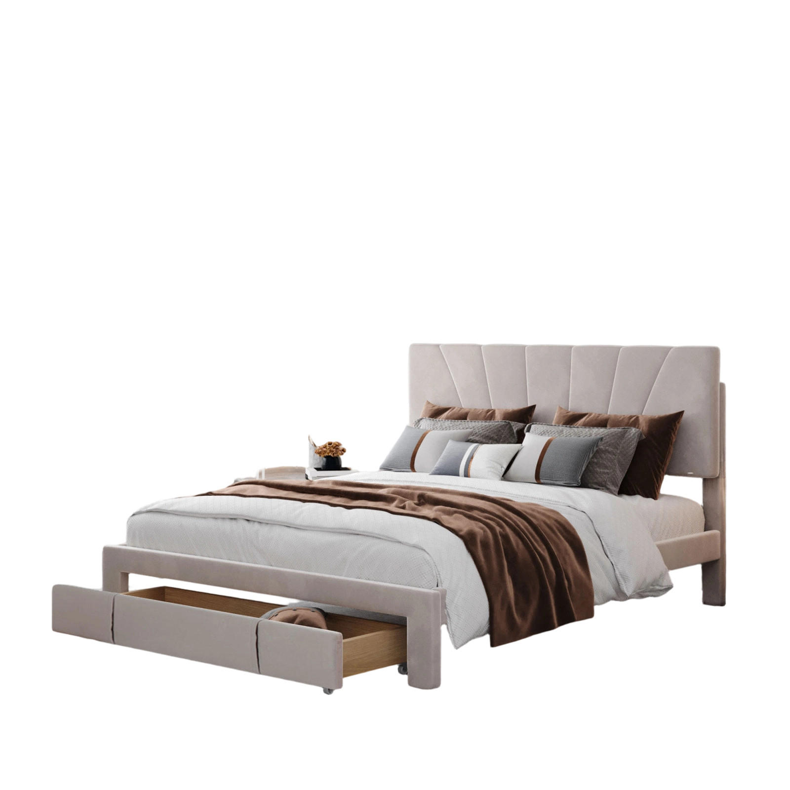 DOPPELBETT 140x200 Samt Beige Mit Rollschublade Stabil Lattenrost - Beige, Holz - SHOPENTRA