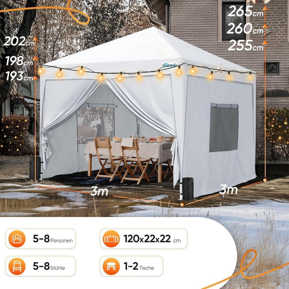 FALTPAVILLON 300 x 300 cm wasserdicht mit Seitenwänden UV-Schutz 50+ Stahlrahmen Weiß - Weiß, Textil (300/265/300cm)