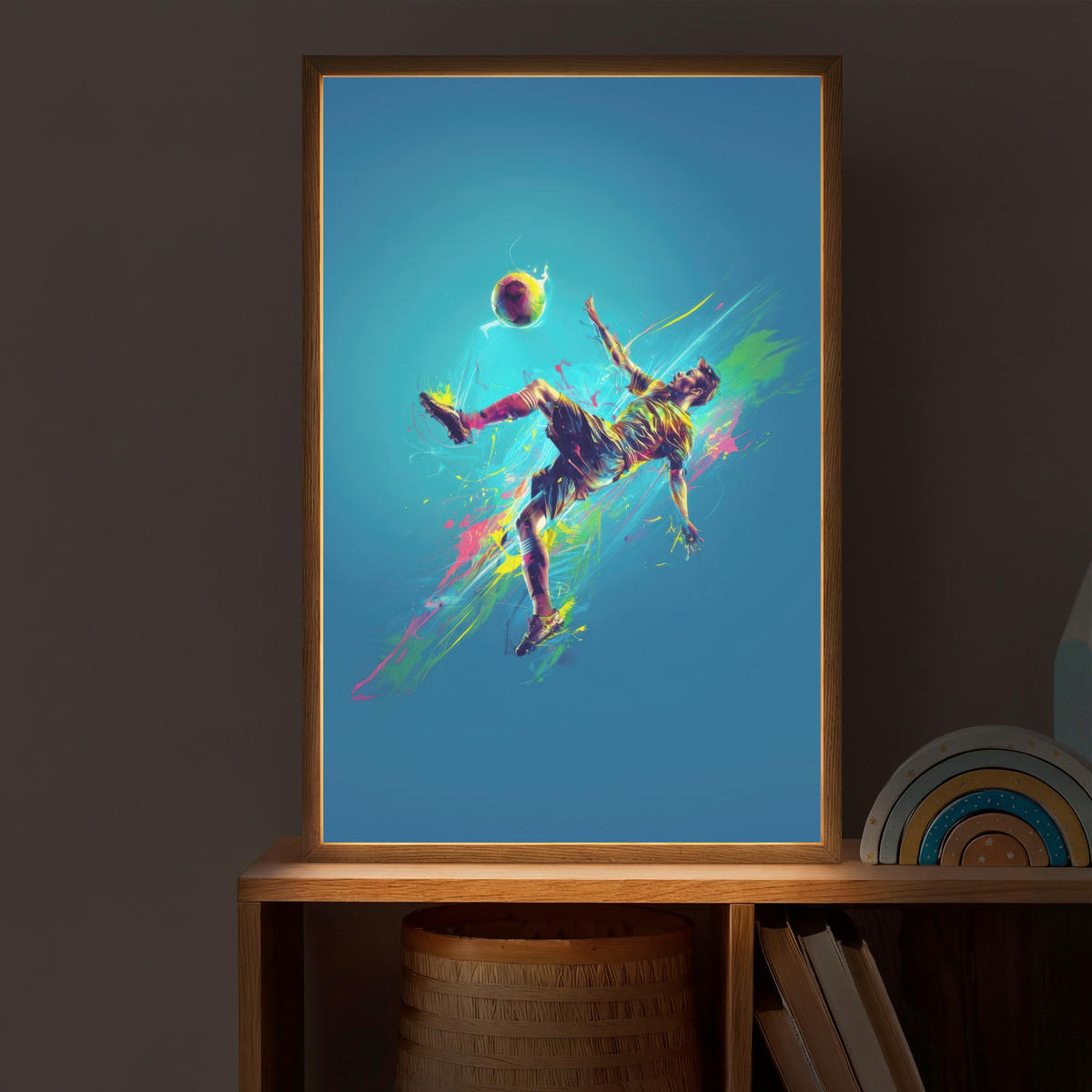 NACHTTISCHLAMPE MIT AKKU Fußballer - Farbspritzer - Farbenfroh - Ball 40x60 cm - Blau, Holzwerkstoff (8/40/60cm) - OnlyWow
