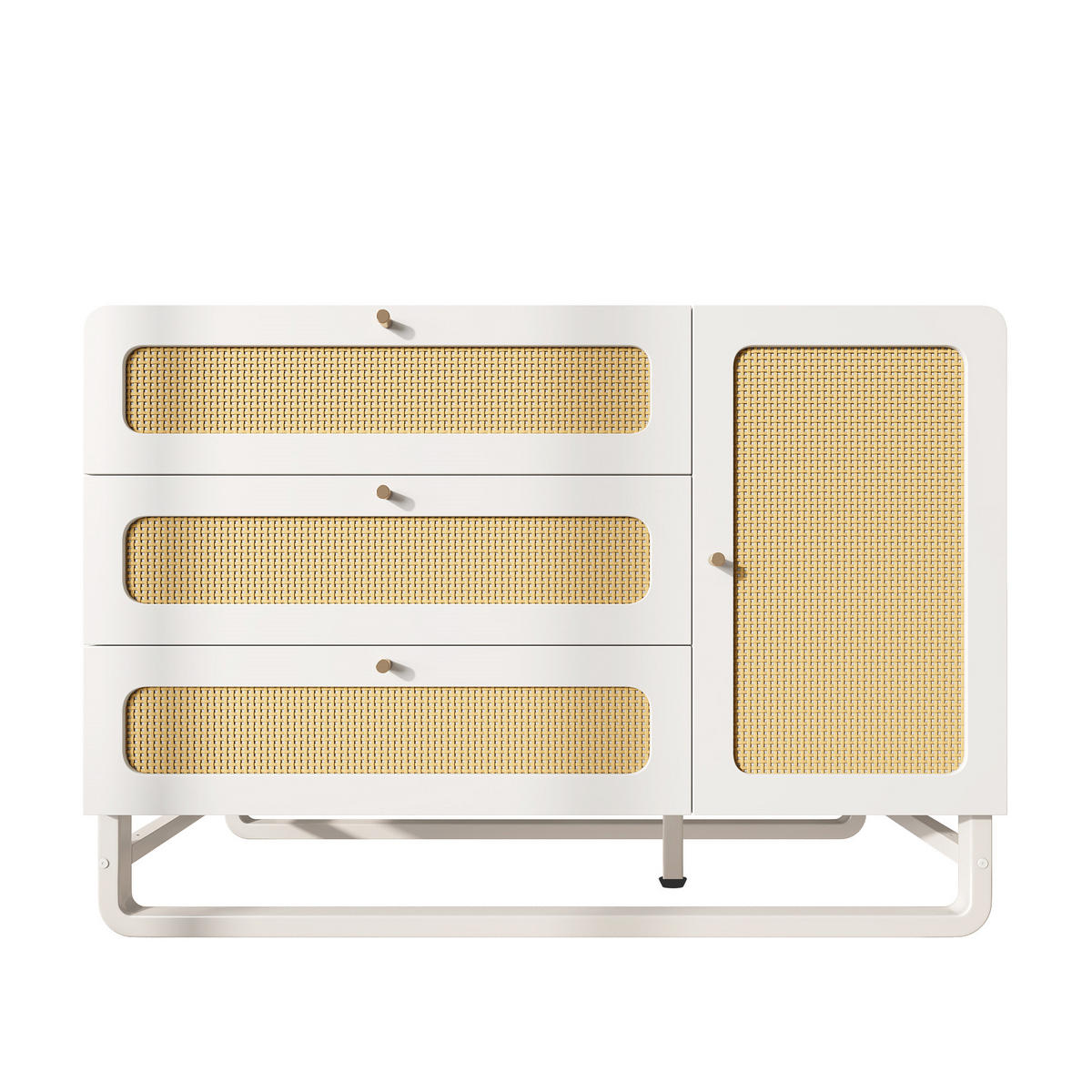 SIDEBOARD aus Holz und Metall 120x40x85 cm Weiß mit Rattanfronten, 3 Schubladen, Türschrank und verstellbaren Einlegeböden - Weiß, Metall (120/85/40cm) - Modfu