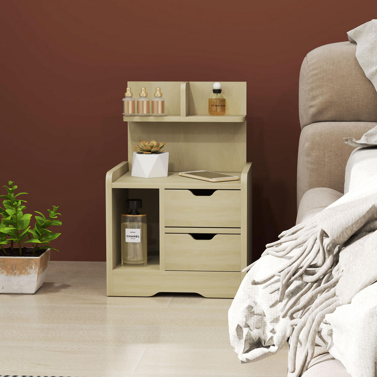 NACHTTISCH mit 2 Schubladen, 40 x 30 x 60 cm, Naturholz - Naturfarben, Holzwerkstoff (40/60/30cm) - HOMCOM