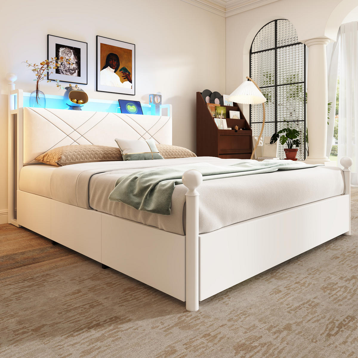 POLSTERBETT 90/190 cm Weiß mit LED-Beleuchtung, 2 Schubladen und USB-/Typ-C - Weiß, Holz (90/190cm) - Oxeza