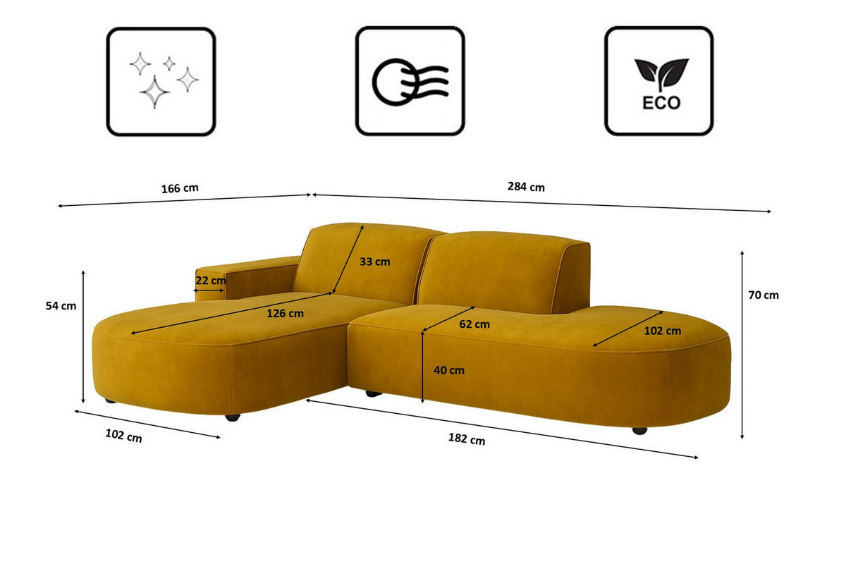 ECKSOFA Cursal Atelier, Stoff Salvador, Gelb, Links - Gelb, Holz (284/166cm) - Kaiser Möbel