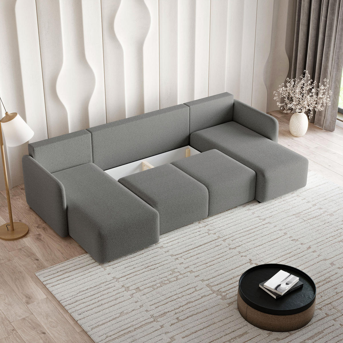 WOHNLANDSCHAFT NUBERO Grau Boucle-Stoff mit Schlaffunktion - Grau, Holz (285/85/143cm) - MASSENO