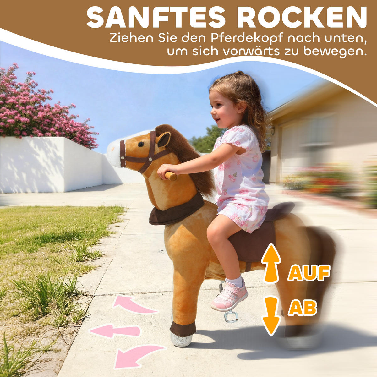 REITPFERD Spielpferd zum Reiten mit Sattel Rollen 75 cm Stehpferd Plüschpferd - Dunkelbraun, Textil (30/75/70cm) - AIYAPLAY