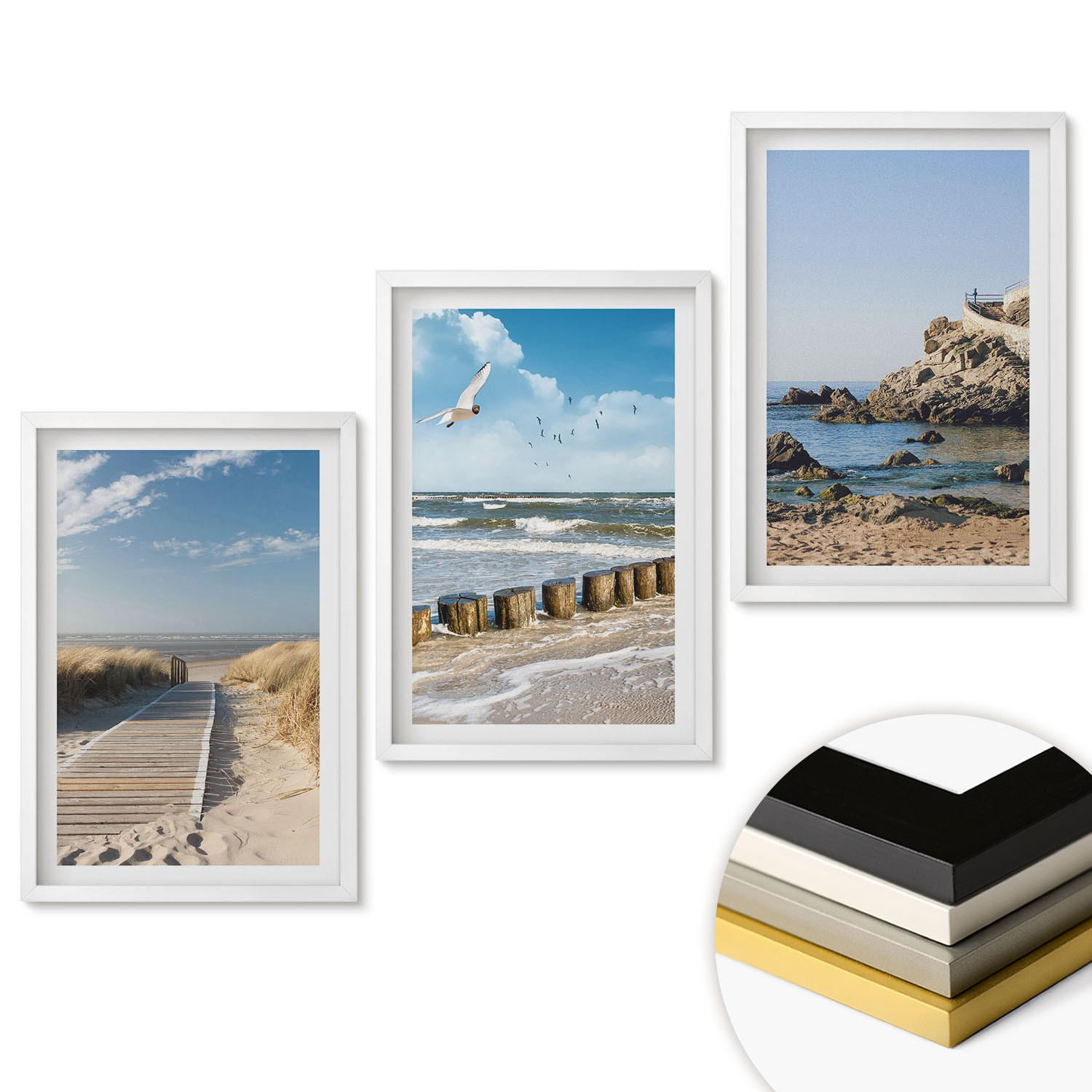 WANDBILDER 3er-Set - 40x60 cm Weißer Rahmen - Strand Holzsteg Klippen - Weiß, Kunststoff (40/60cm) - ArtPrintCave