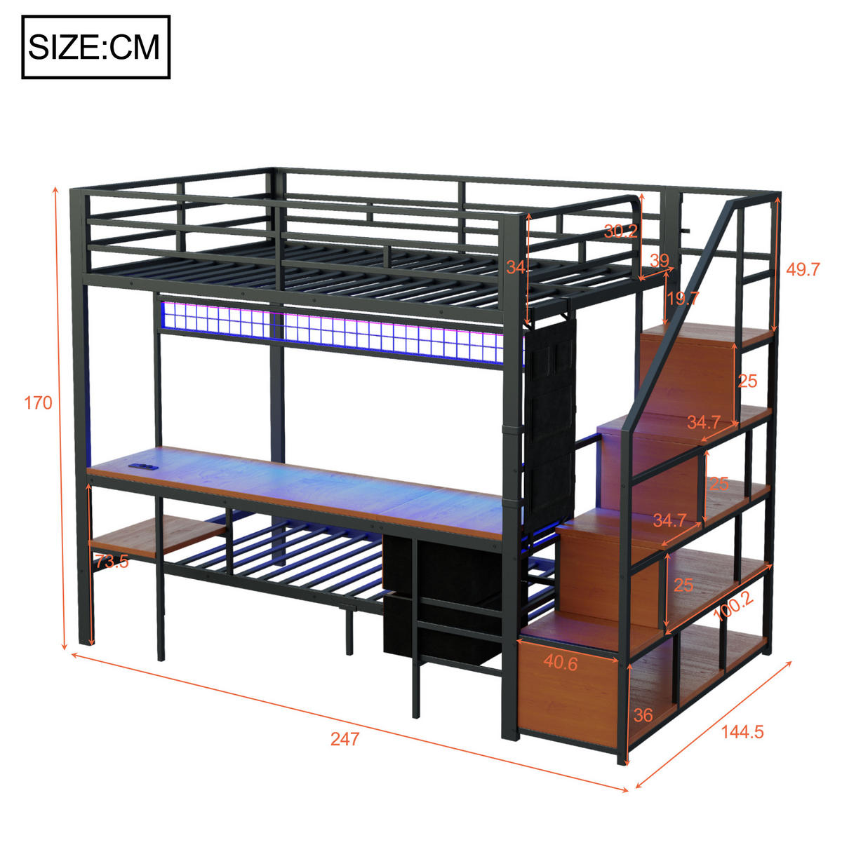 HOCHBETT aus Metall und MDF 140x200/90x200 cm Schwarz mit Schreibtisch, LED und Steckdosen - Schwarz, Metall (140/200cm) - IVMEU