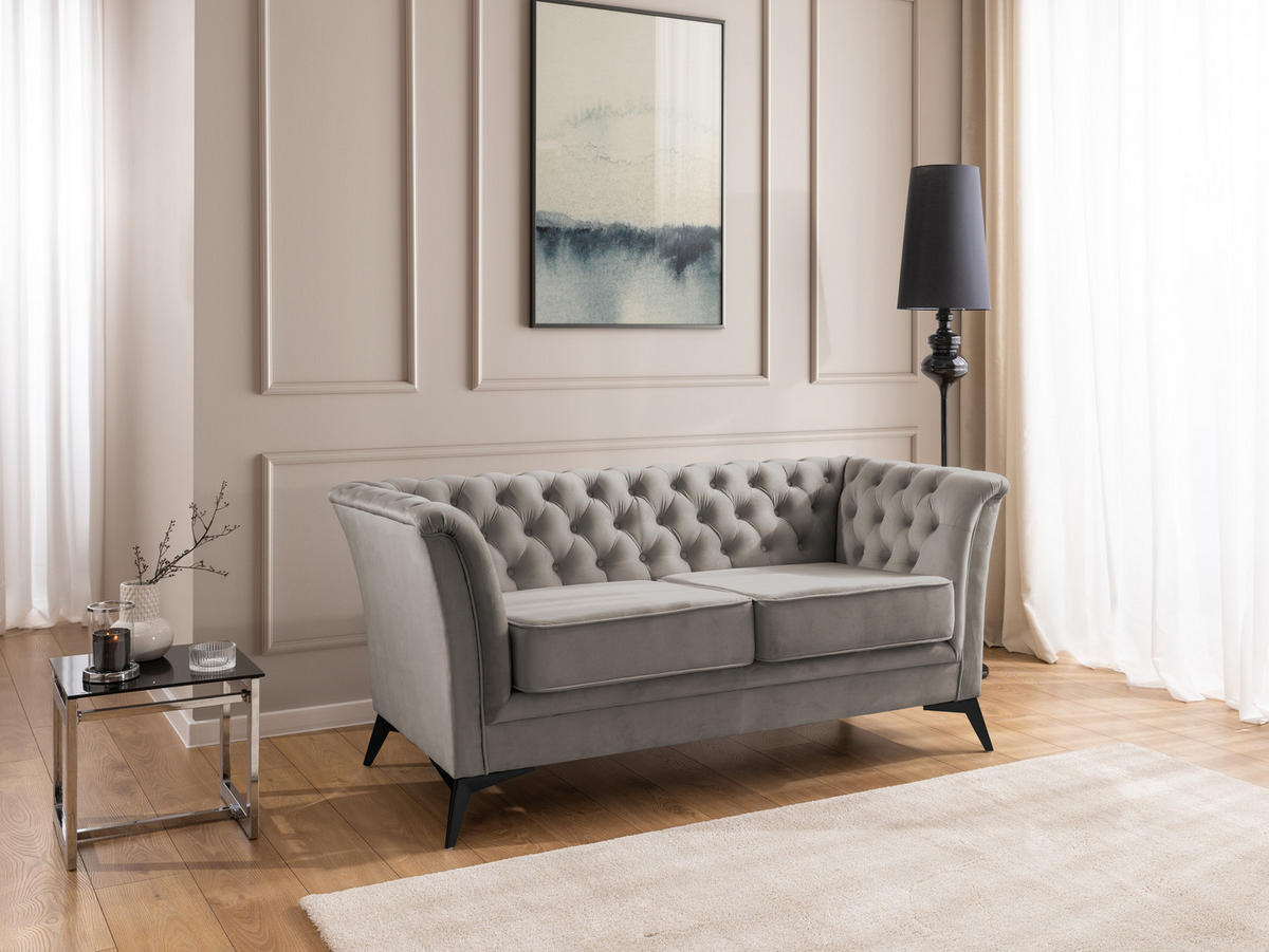 CHESTERFIELD-SOFA 2-sitzer Whitby Grau Samt mit schwarzen Füßen - Schwarz/Grau, Holz/Textil (175/78/82cm) - S-Style Möbel