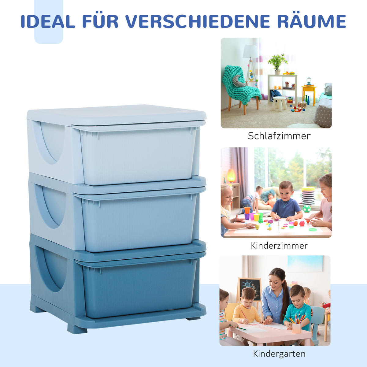 AUFBEWAHRUNGSBOXEN für Kinder, 3 große Schubladen, Kunststoff, Blau - Blau, Kunststoff (37/56.5/37cm) - HOMCOM