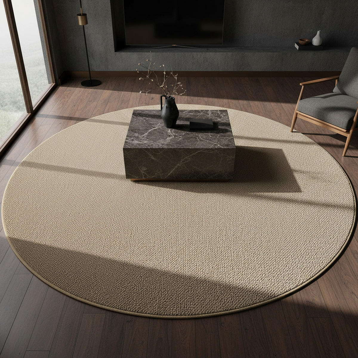 TEPPICH Kurzflor Flachgewebe Uni-Design Polypropylen Wohnzimmer Beige Rund 200x200 - Beige, Textil (200/200cm) - KADIMA DESIGN