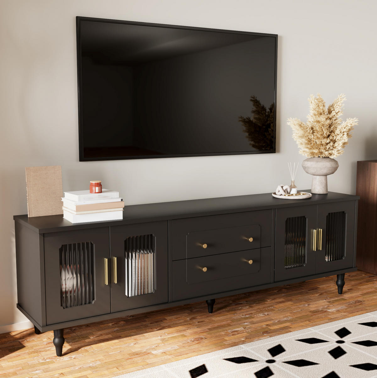 TV-MÖBEL mit Glastüren und Schubladen 177 x 38 x 55,5 cm Schwarz - Schwarz, Holzwerkstoff (38/55.5/175cm) - Beauniv