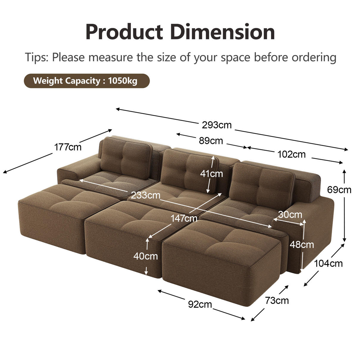 SOFA modular mit Schlaffunktion Corduroy Brown - Braun, Kunststoff (177/69/293.2cm) - Meubliv