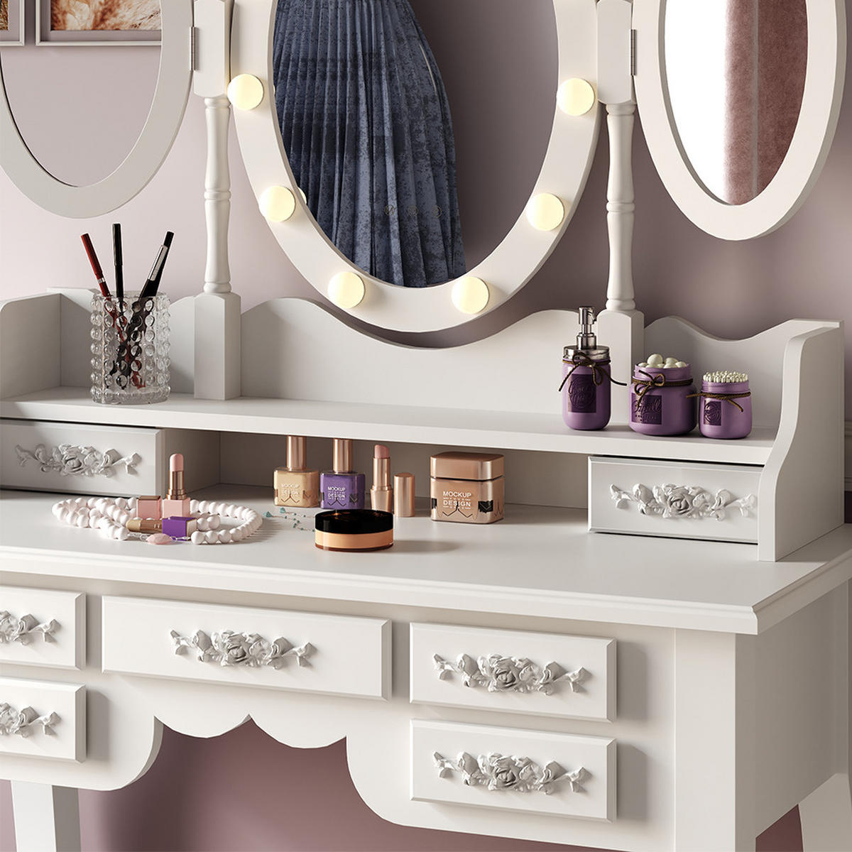 SCHMINKTISCH Diana Weiß 90 cm mit Beleuchtung und Hocker - Weiß, Holzwerkstoff (90/147/40cm) - Vicco