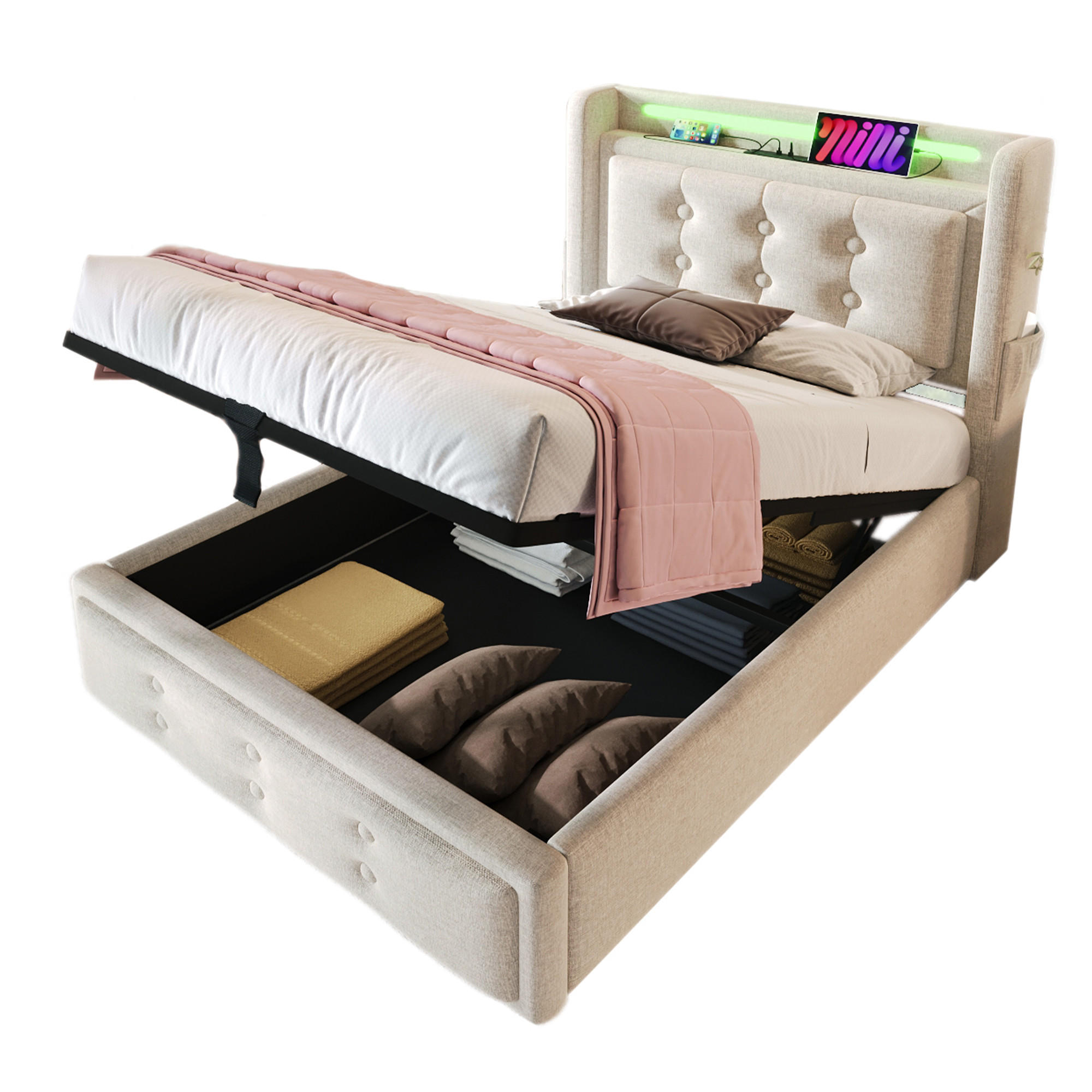 POLSTERBETT 90/200 cm mit LED-Kopfteil, Steckdose, USB-C und Bettkasten, Baumwoll-Leinen, Beige - Beige, Textil (90/200cm) - Redom