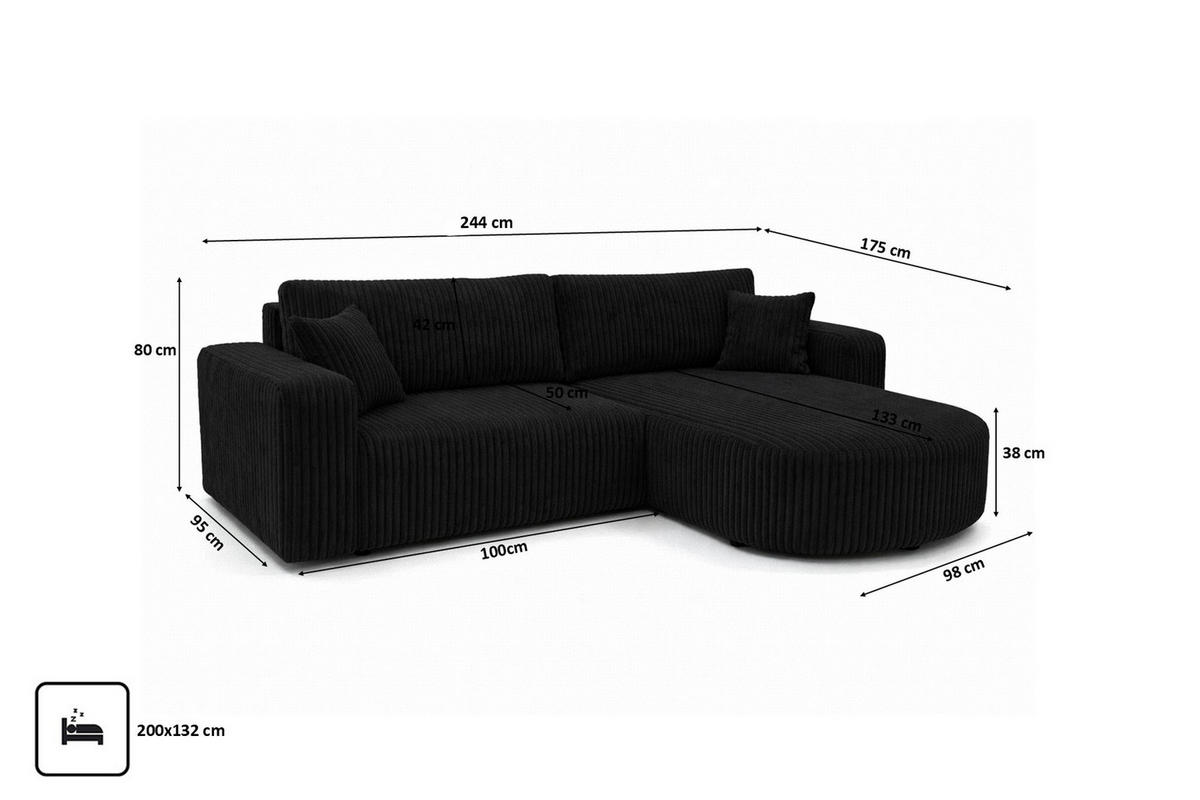 ECKSOFA Mit Schlaffunktion, Cordstoff Tilia, Schwarz, Rechts, ROUND ONE - Schwarz, Holz (244/175cm) - Kaiser Möbel