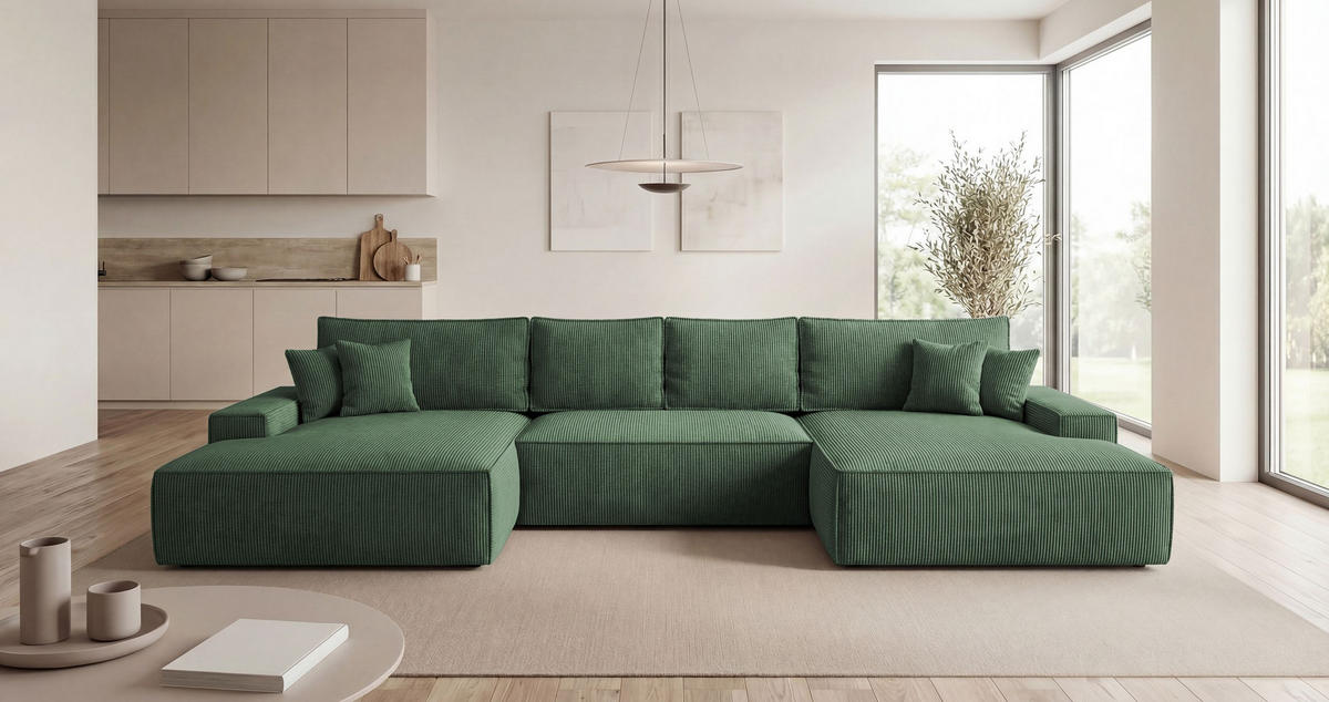 WOHNLANDSCHAFT VERONA U-Form grün Cord Poso 14 - Schlaffunktion, Bettkasten - Grün, Textil (385/86/185cm) - Cornero