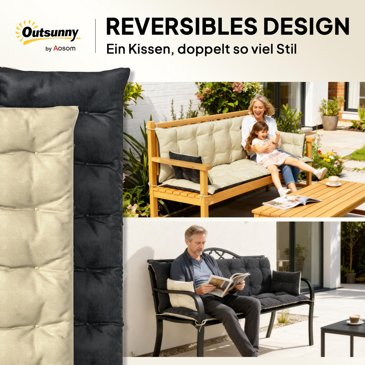 BANKAUFLAGE 3 Sitzer 180x 110x 8 cm - Beige, Kunststoff (110/8/180cm) - Outsunny