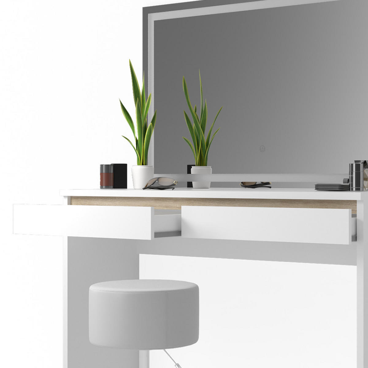 SCHMINKTISCH Emma Weiß 120 cm mit LED-Spiegel und Hocker - Weiß, Holzwerkstoff (120/83/41.8cm) - Vicco
