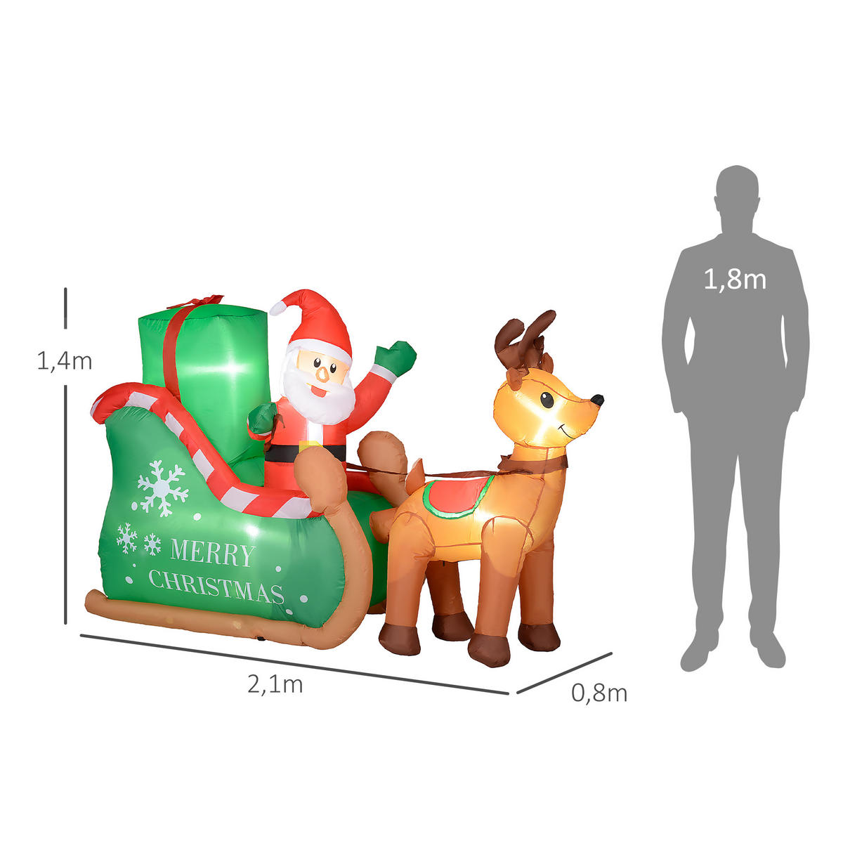 WEIHNACHTSMANN mit Schlitten & Rentier, aufblasbar, weiße LED-Beleuchtung, 210 x 80 x 140 cm - Multicolor, Kunststoff (80/140/210cm) - Outsunny