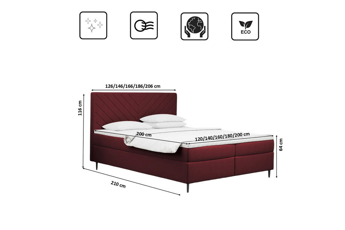 BOXBETT Mit Bettkasten Und Matratze + Topper RUGIA Stoff Velvet Rotwein 200x200 cm H2-Pocket - Bordeaux, Holz/Holzwerkstoff (200/200cm) - Kaiser Möbel