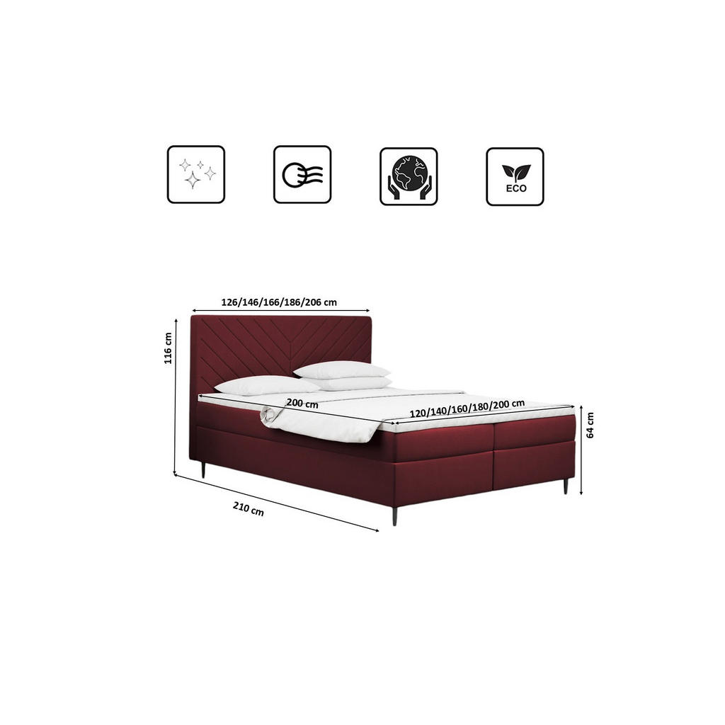 Thumbnail - Kaiser Möbel Boxbett, Rot, Textil, H2, Höhe ca. 20 cm, einzeln stellbar,Rechteckig, eckig, 120x200 cm, Schlafzimmer, Bet...