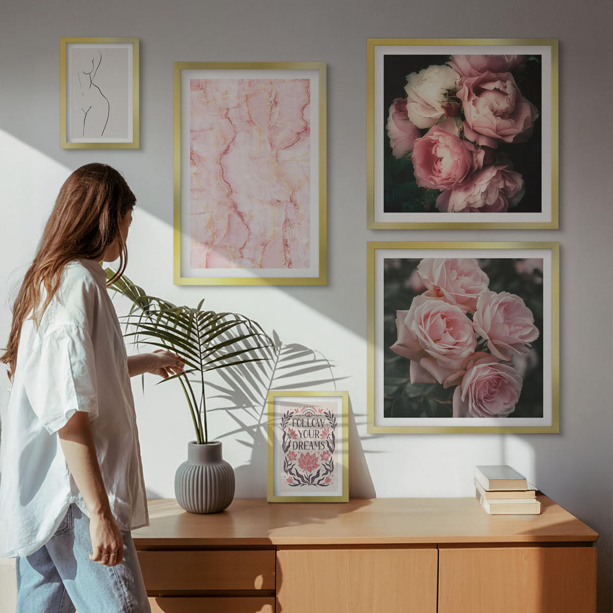 WANDBILDER 5er Set - 50x50 cm & 20x30 cm & 40x60 cm Goldrahmen - Vintage-Rosen-Marmorträume - Goldfarben, Kunststoff (40/60cm) - ArtPrintCave